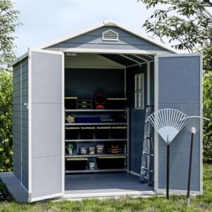 6' x 8' Plastic Shed for Outdoor Storage, Resin Storage Shed with Window and Lockable Door for Garden, Backyard, Patio, Tool Storage Use, Gray