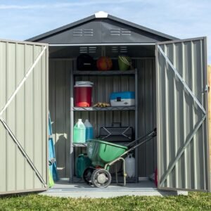 6x4 Metal Outdoor Storage Shed: Double Lockable Doors for Backyard or Patio Storage, Tan