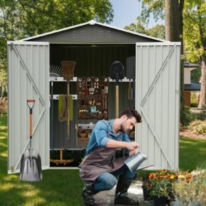 8 x 6 FT Outdoor Storage Shed, Metal Outdoor Shed with Doors and Vents, Outdoor Tool Storage Shed Garden Shed Tool Sheds for Outdoor Patios, Garden, Lawn, Gray